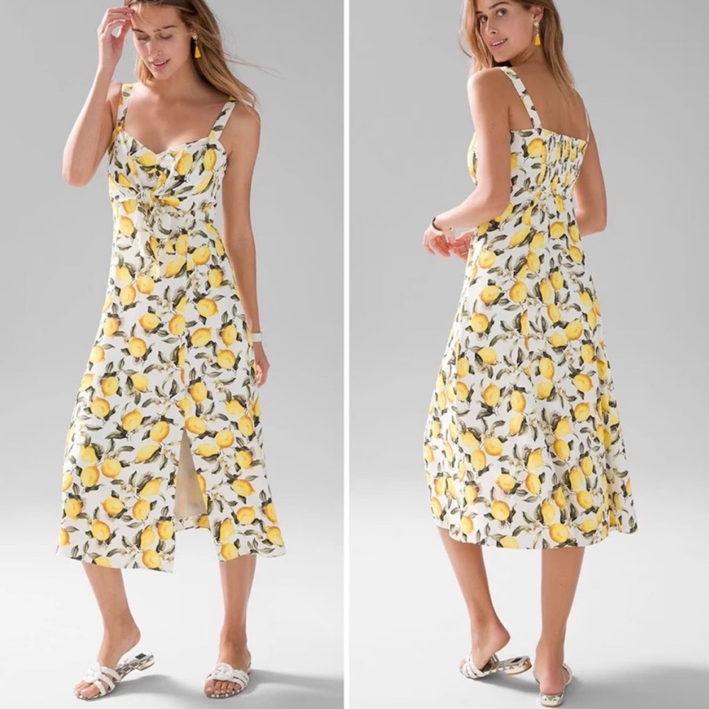White House Black Market Lemon Print Tie-Front Midi Dress Size 2 Sweetheart Neck